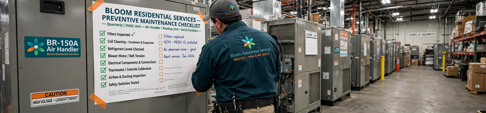 Technician on an industrial HVAC preventive maintenance visit in Orange County, CA