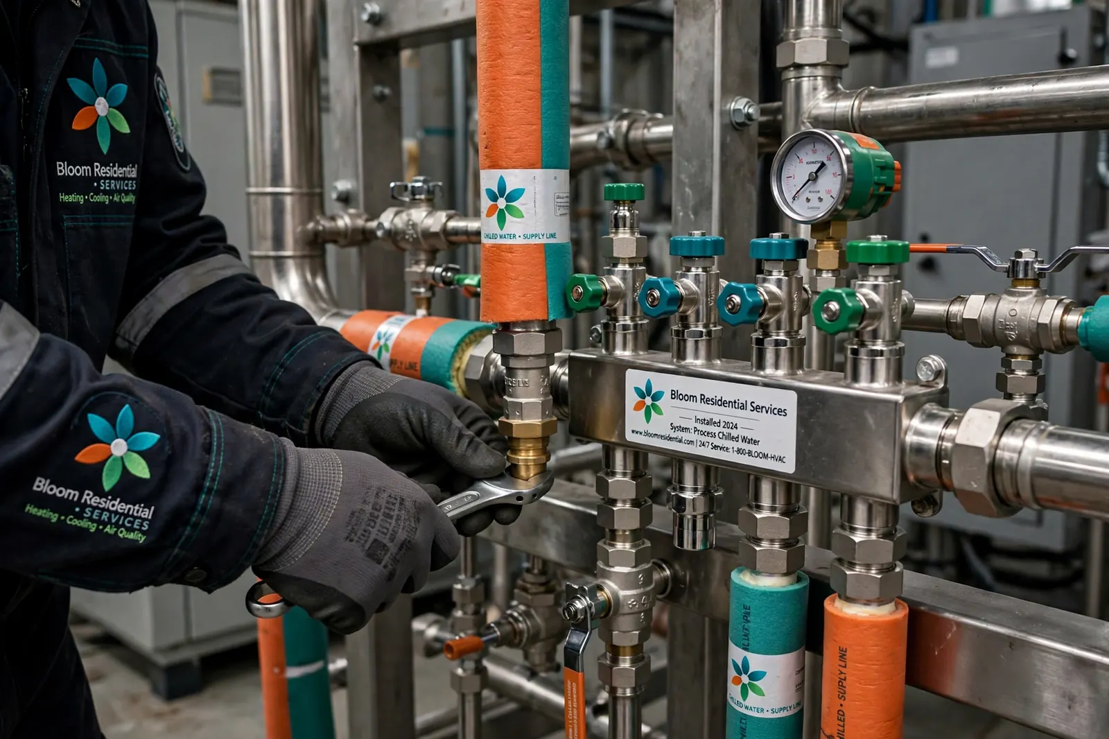 Technician servicing process cooling equipment at a plant in Orange County, CA