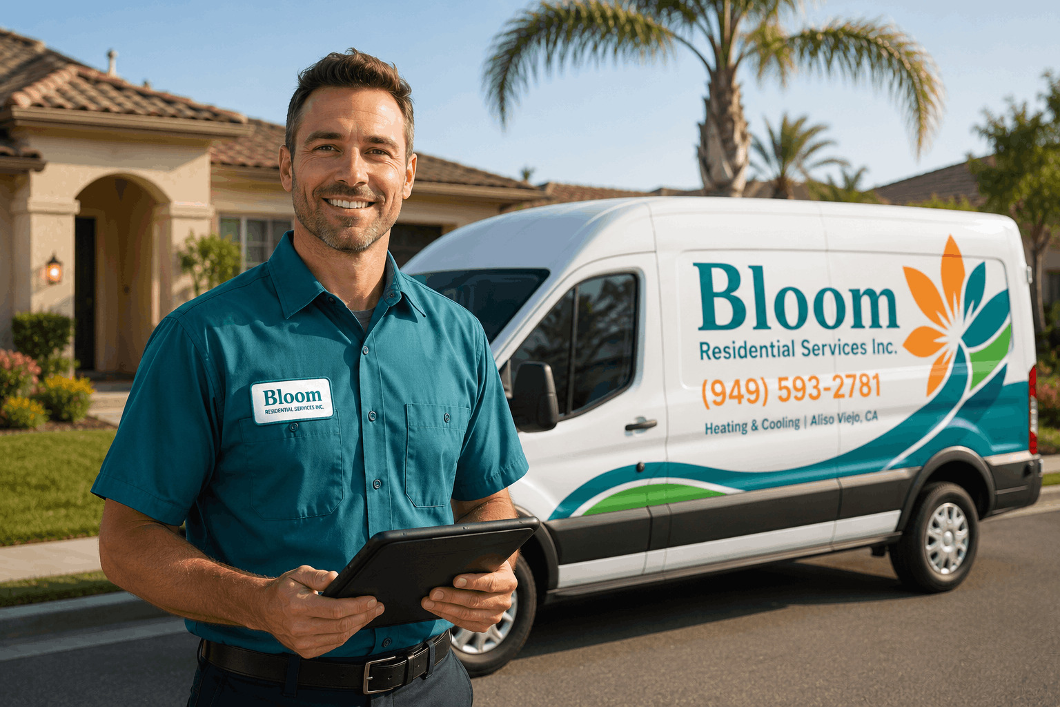 Bloom Residential Services HVAC technician in uniform beside the company van in Aliso Viejo, CA