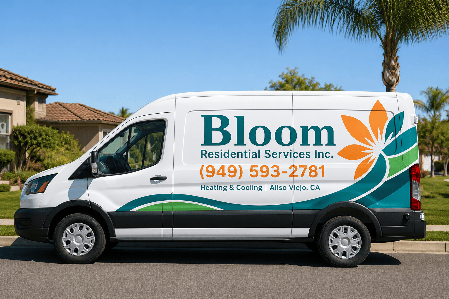 Bloom Residential Services branded HVAC van in Aliso Viejo, CA with phone (949) 593-2781